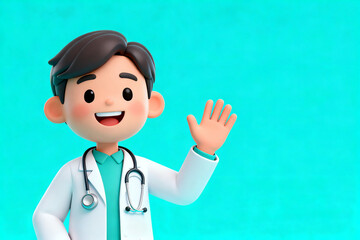 3D animated doctor character waving with a stethoscope, wearing a white coat against a teal background