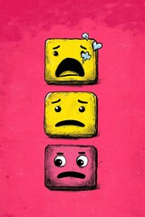 Three sad emoji faces against a vibrant backdrop