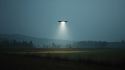 UFO Hovering Over a Rural Landscape at Dusk