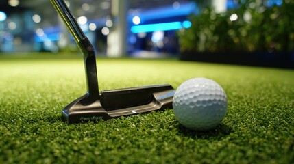 A close-up of a golf putter and a golf ball on a synthetic green, highlighting a sport-oriented setting.
