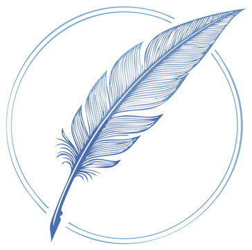Elegant blue feather quill pen illustration with ink nib inside a double circular frame vector