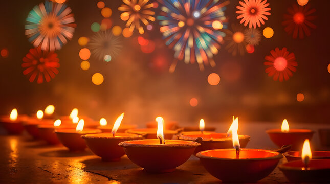 Earthen Diyas and Colorful Fireworks Backdrop
