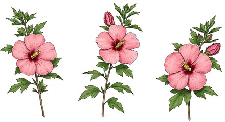Isolated floral illustration with pink flowers and green leaves on white background