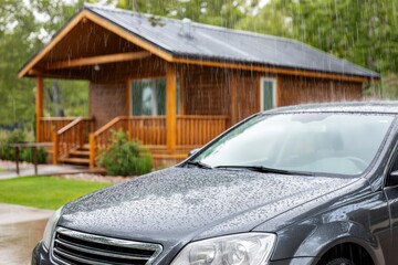 Obraz premium A dark grey car parked in front of a rustic wooden cabin during a steady rain shower, with raindrops visible.