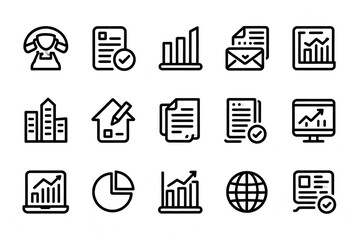 Collection of business and data analysis icons including charts, documents, buildings, and global symbols
