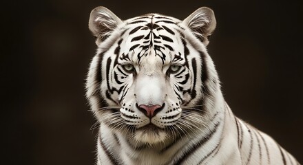 Fototapeta premium Striking close-up portrait of a majestic white tiger highlighting its distinctive stripes and piercing eyes