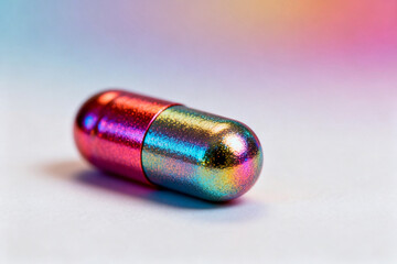 Iridescent capsule pill with rainbow-colored surface on a soft gradient background