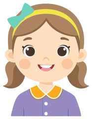 Obraz premium Cute cartoon portrait of a happy smiling little girl with brown hair pigtails and a bow