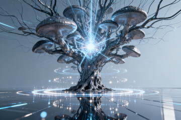 A futuristic tree with glowing mushrooms and energy beams emanating from its core, set on a reflective surface with digital patterns.
