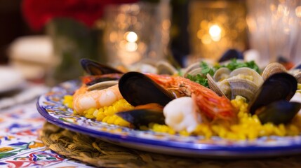 paella. Golden-edged paella on porcelain, saffron rice and seafood arranged with artistic precision. inspires cooking, menu design, designed for food delivery and cloud-kitchen brand materials.

