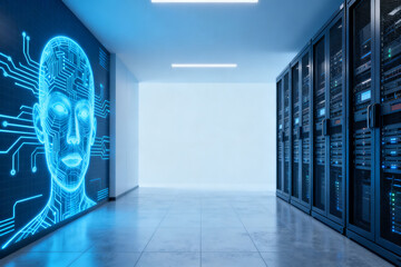 Server room with digital human face projection on wall