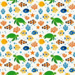 A bright seamless pattern featuring sea turtles, tropical fish, clownfish, corals, and starfish in vibrant colors for kids&rsquo; products, textiles, wallpapers, wrapping paper, or summer projects.