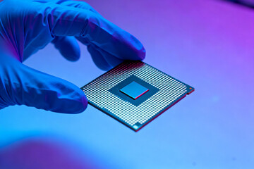 Gloved hand holding a semiconductor processor chip under colorful lighting