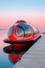 Futuristic capsule boat at serene wooden pier during pastel dawn light, showcasing innovation in urban transport