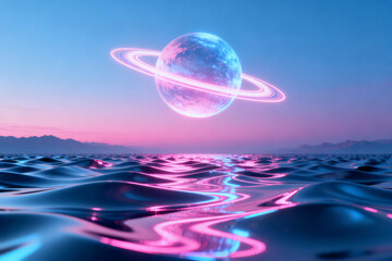 A surreal seascape with a glowing ringed planet reflecting in rippling water under a twilight sky