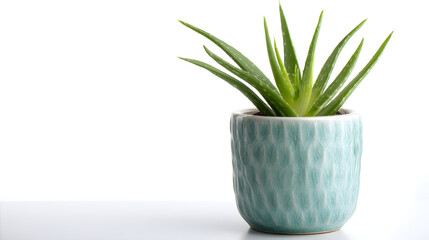 Vibrant green aloe vera plant in a decorative textured teal ceramic pot against a clean white background