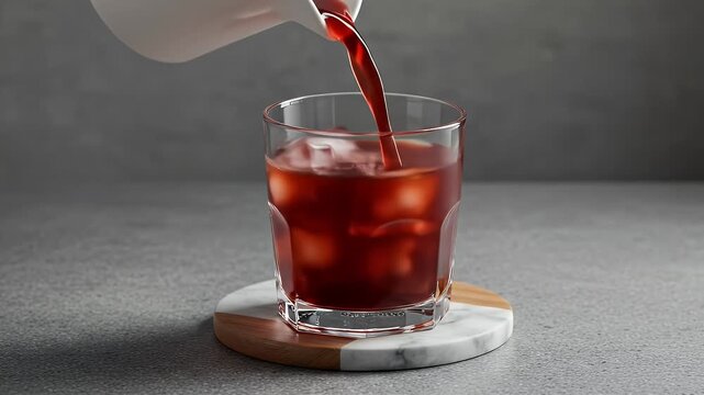 Deep red beverage is poured from a white pitcher into a glass filled with ice cubes, showcasing a refreshing, cold drink on a stylish marble and wooden coaster, against a muted gray background.