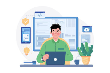 Man Working at Desk with Laptop in Green Shirt on Transparent Background Illustration Software Development User Interface Concept Flat Design