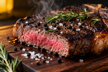 Grilled steak with rosemary and seasoning, served on a wooden board