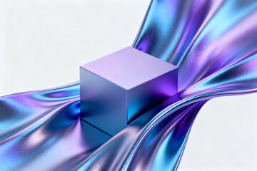 A reflective purple cube resting on a flowing, iridescent fabric with dynamic folds and light effects