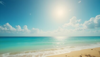 Abstract Yellow and Blue Blurred Background with Sandy Beach Turquoise Water and Sunlight