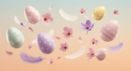 Abstract 3D illustration of pastel colored Easter eggs with patterns floating in the air alongside soft white feathers and spring flowers against a gentle gradient background showing motion and lightn