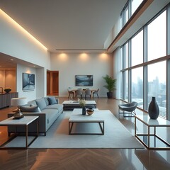 A contemporary urban living room with clean lines, modular seating, and minimalist d&eacute;cor.