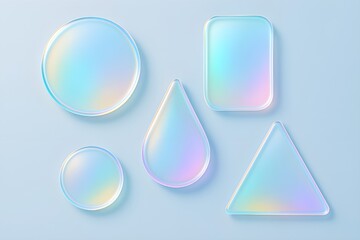 Holographic Geometric Shape Set – Glossy Circle, Triangle, Drop and Rectangle Glass Icons on Pastel Blue Background for Modern Design and PPT Templates