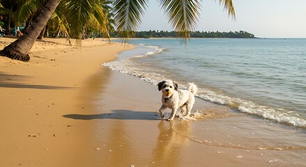 Joyful dog on sandy beach with ocean waves and palm trees under sunlight