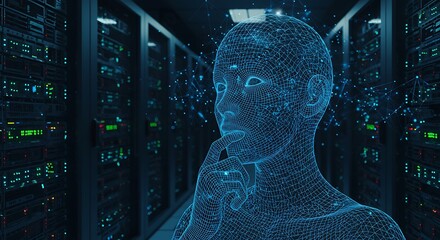 Digital human figure contemplates data center environment technology concept