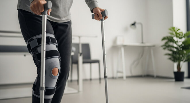 Patient with a leg injury using crutches and a knee brace for support during rehabilitation and recovery - Powered by Adobe