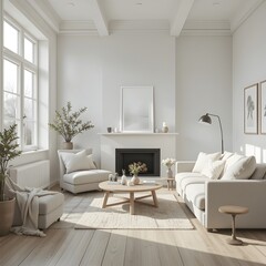 Fototapeta premium A bright Scandinavian-style living room with light wooden floors, neutral furniture, and minimalist décor. 