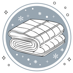 Winter blanket icon, neatly folded and rolled, with snowflakes and sparkles