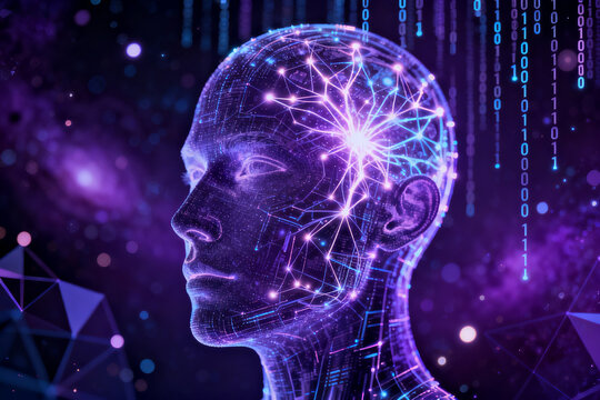 Digital human head with neural network and binary code in a cosmic background