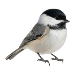 Obraz premium Close-up of a small, plump bird. Grey-and-black plumage, prominent black cap. Side view, alert expression