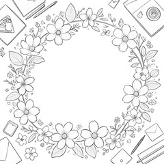 Fototapeta premium Floral Wreath with Sketch Style Flowers and Stationery Items in Black and White