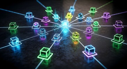 A vibrant digital illustration depicting interconnected blocks, symbolizing data flow and network connections.
