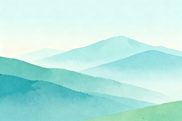 Watercolor landscape of misty mountains with layered hills in soft blue and green tones