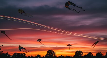 Kites soaring against sunset sky with light trails and tree silhouettes