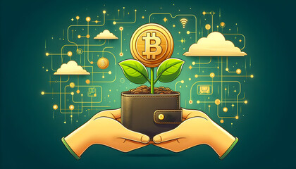 Hands nurturing the growth of a Bitcoin sapling in a wallet, symbolizing digital finance and investment.