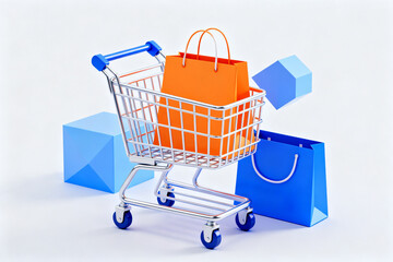 Shopping cart with colorful bags and geometric blocks on a white background