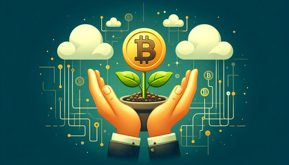 Hands nurturing the growth of a Bitcoin sapling in a wallet, symbolizing digital finance and investment.