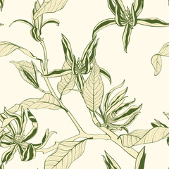 Vector floral seamless pattern of magnolia branches and flowers. Romantic elegant endless background.