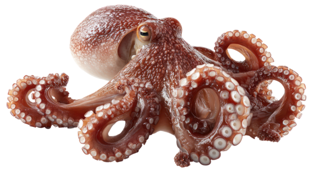 Realistic octopus with suckers on tentacles isolated on transparent background