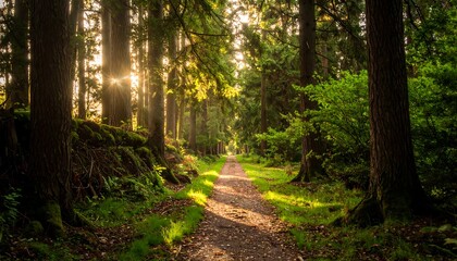 Sunlight streams through tall trees, illuminating a walking path in a lush forest during golden hour