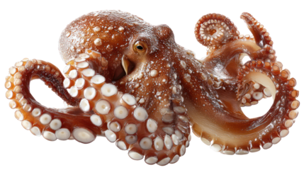 Detailed close up of a red octopus with suckers isolated on transparent background