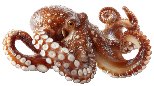 Detailed close up of a red octopus with suckers isolated on transparent background