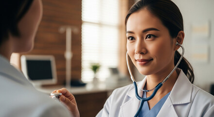Compassionate Asian female doctor listens to a patient's chest with a stethoscope during a routine medical examination in a hospital clinic