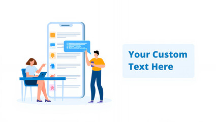 Two people interacting with a large smartphone displaying a list of messages, representing communication and technology.