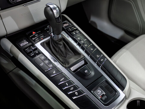 Novosibirsk, Russia -  June    16 , 2025 : Porsche Macan, Close up of the manual gearbox transmission handle.